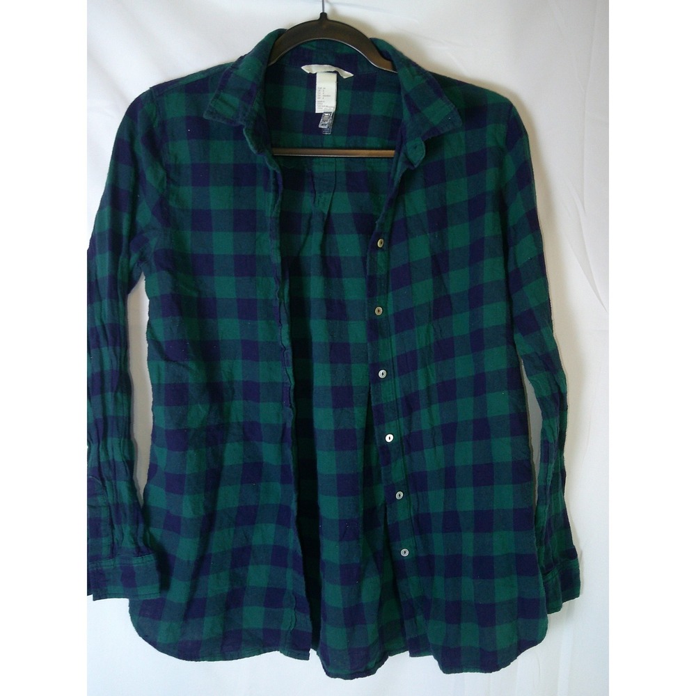 HM Womens Green Navy Blue Buffalo Plaid Flannel Button Down‎ Shirt Size 4